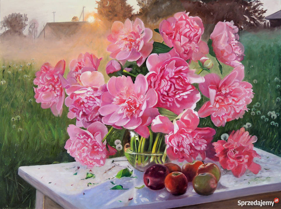 Obraz olejny peonie piwonie zachód słońca Łódź sprzedam