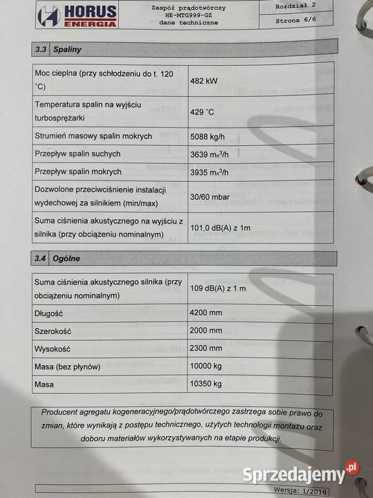 Agregat kogeneracyjny HEMTG999GZ 1MW w obudowie Warszawa sprzedam