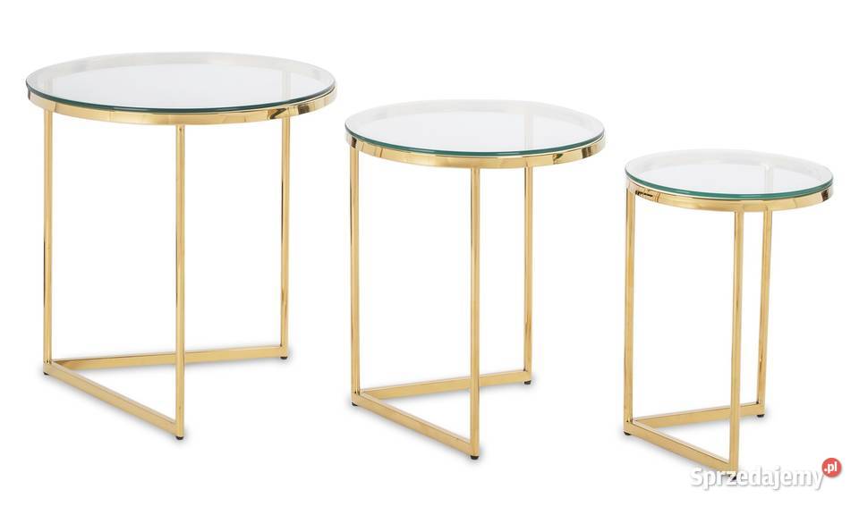 Złoty okrągły nowoczesny stolik blat szklany  3 sztuki kpl