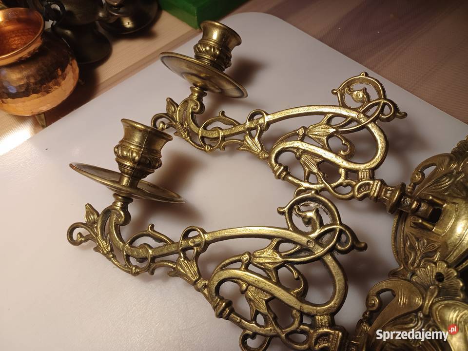 Komplet dwóch świeczników do pianina Mosiądz Lampiony i latarnie Poznań sprzedam
