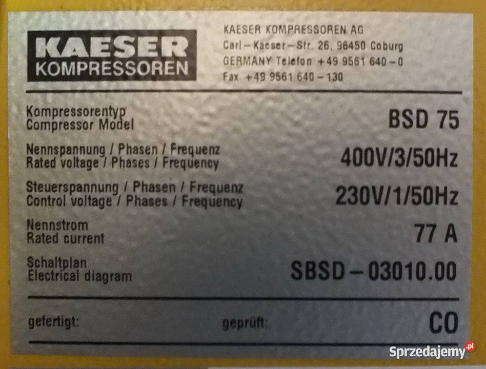 Sprężarka śrubowa KAESER typ BSD 75 12 bar prod Wałbrzych