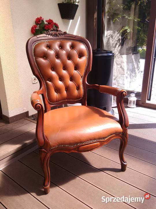 Fotel Krzesło Rzeźbione Skóra Antyk Antyki, Sztuka, Kolekcje Kluki