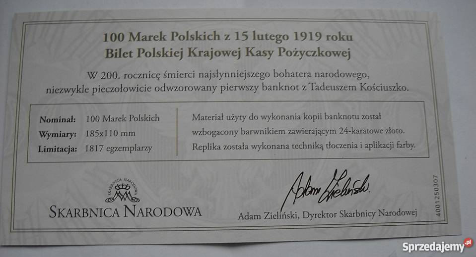 SKARBNICA NARODOWAKOPIA BANKNOTU100 MAREK Antyki, Sztuka, Kolekcje Legionowo