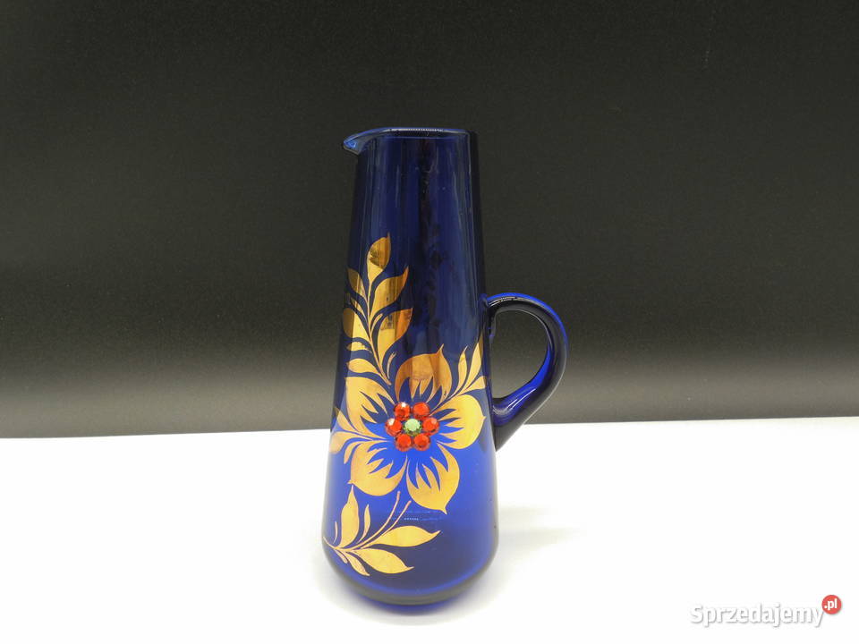 Stylowy szklany wazonik kobaltowy ze złoceniami Porcelana i szkło Raszków
