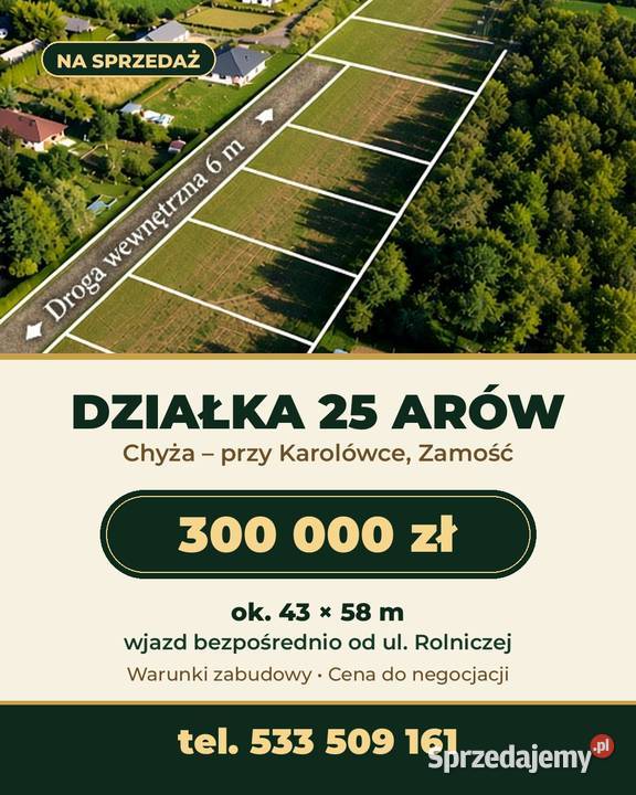 Działka budowlana 25 arów z WZ Zamość Karolówka