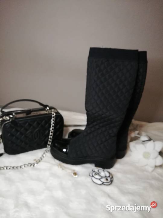 kozaki pikowane czarne w stylu Chanel tkanina Warszawa