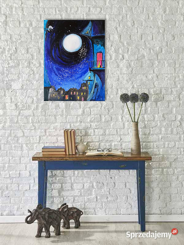 Niebieska noc obraz akrylowy noc miasteczko koty Katowice