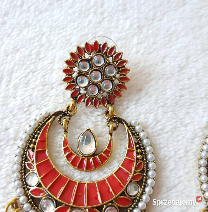 Długie kolczyki czerwony złoty kolor indyjskie Kolczyki