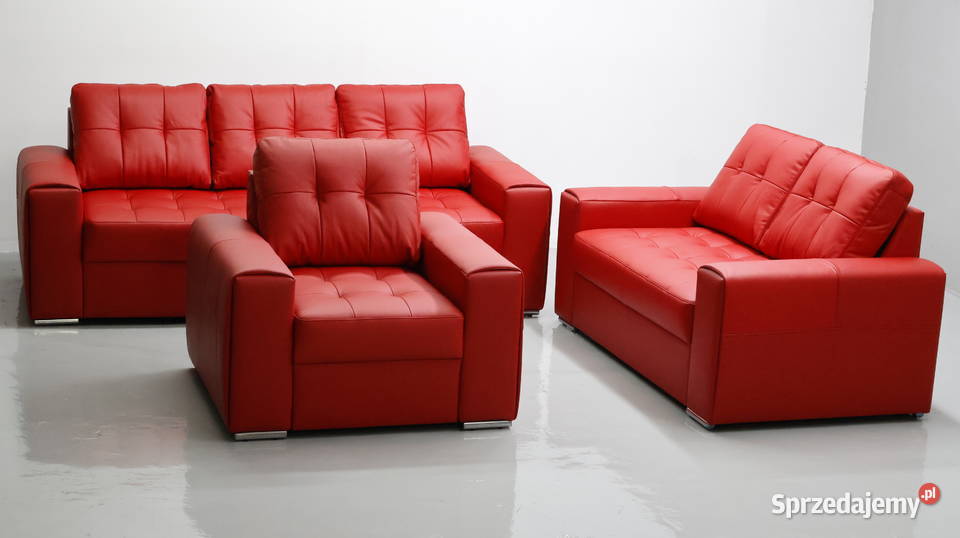 KOMPLET 321 sofy kanapy zestaw czerwona SKÓRA Poznań