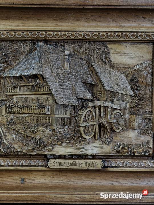 Oryginalna Drewniana Płaskorzeźba Vintage Rękodzieło łódzkie Poddębice