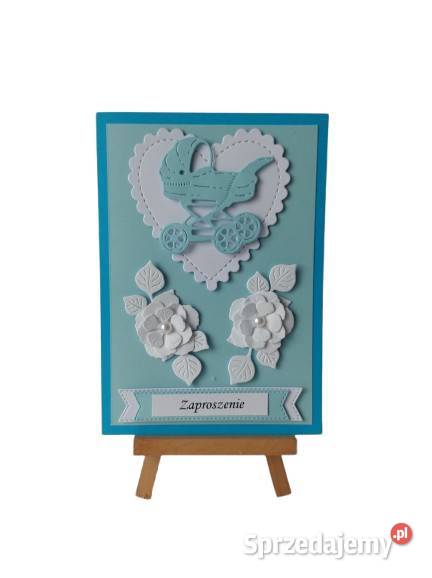 Zaproszenia Chrzest Wózek W Sercu C6 Błękit Biel Poznań sprzedam