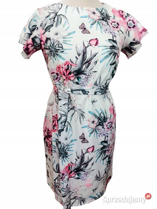 Sukienka damska elegancka kwiaty falbana wiązana Wieluń