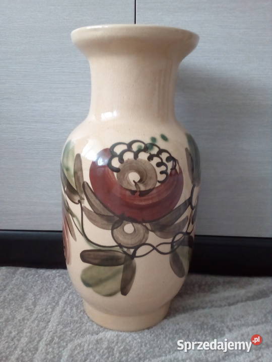 Wazon beżowy malowany kwiaty liście PRL Białystok