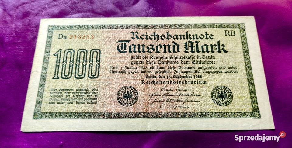 Banknot Niemcy 1000 Mark 1922 Rzadkość Ładny Pruszków