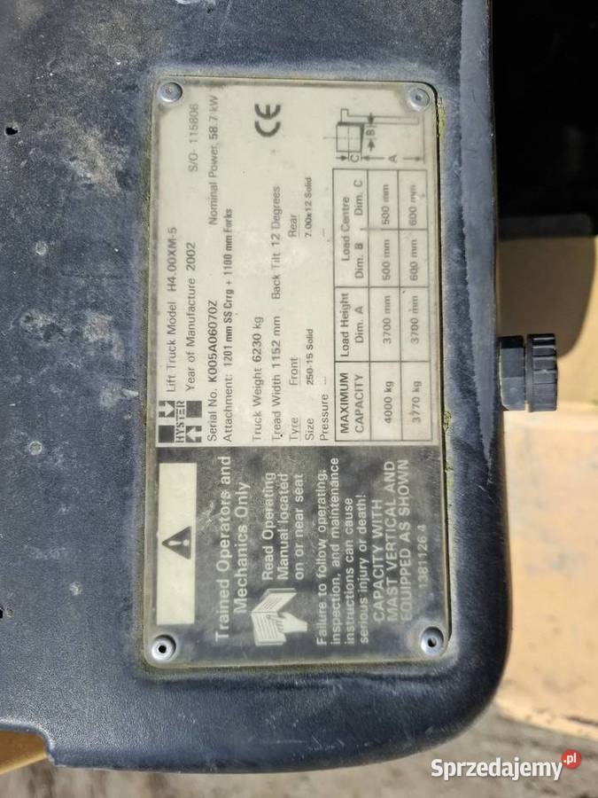 Wózek widłowy Hyster model H400XM5 NA CZĘŚCI Wózki widłowe Legnica