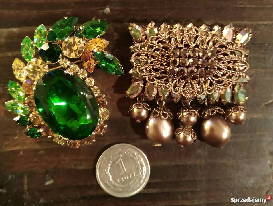 Biżuteria retro złoty stara broszka kolorowe Jelenia Góra