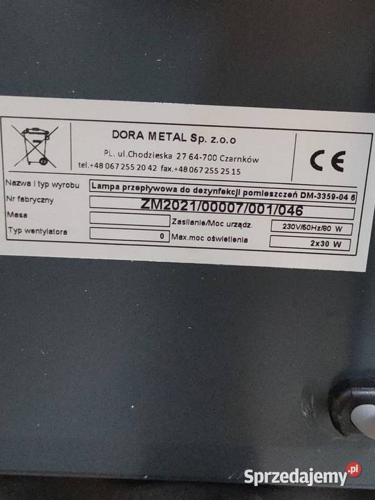 LAMPA PRZEPŁYWOWA UVC DO DEZYNF POWIETRZA DM3359 Wyposażenie firm Wrocław