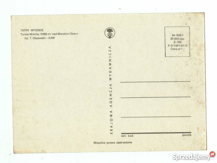 TATRY WYSOKIE TURNIA MNICHA POCZTÓWKA Kolekcje