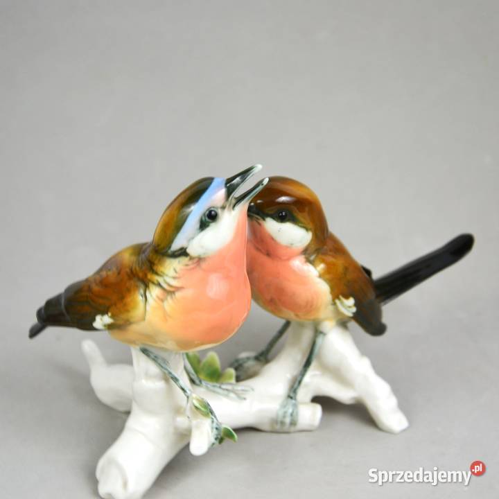 Para ptaszków na gałązce sygnowana Karl Ens mazowieckie Bronisze
