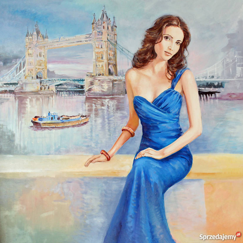 Kobieta pejzaż Tower Bridge olej płótno 100x90 Warszawa sprzedam