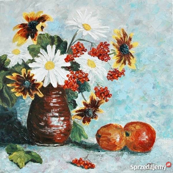 Obraz olejny Rumiany w wazonie odcienie błękitu lubelskie