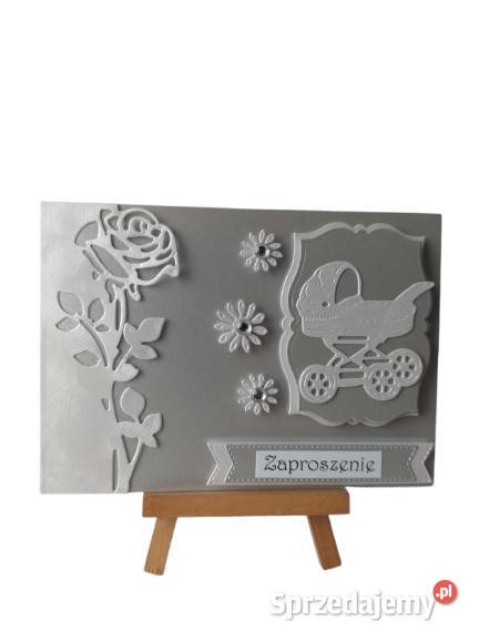 Zaproszenia Chrzest Święty Wózek Róża C6 Srebro Rękodzieło Poznań