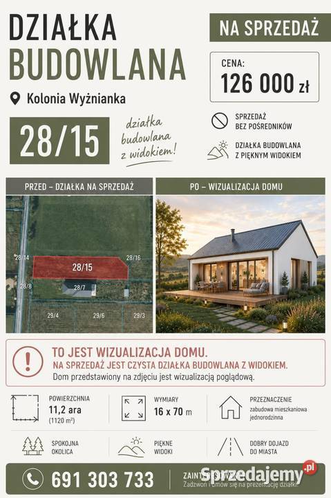 Działka budowlana 112 ara Sprzedaż Wyżnianka-Kolonia sprzedam