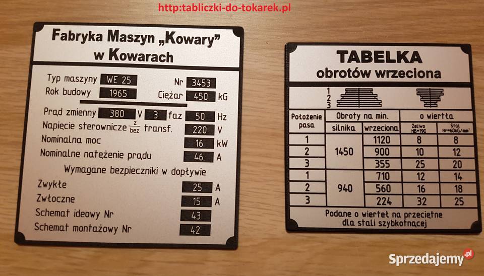 Wiertarka WE25 Tabliczka Tabela Obrotów Zelów
