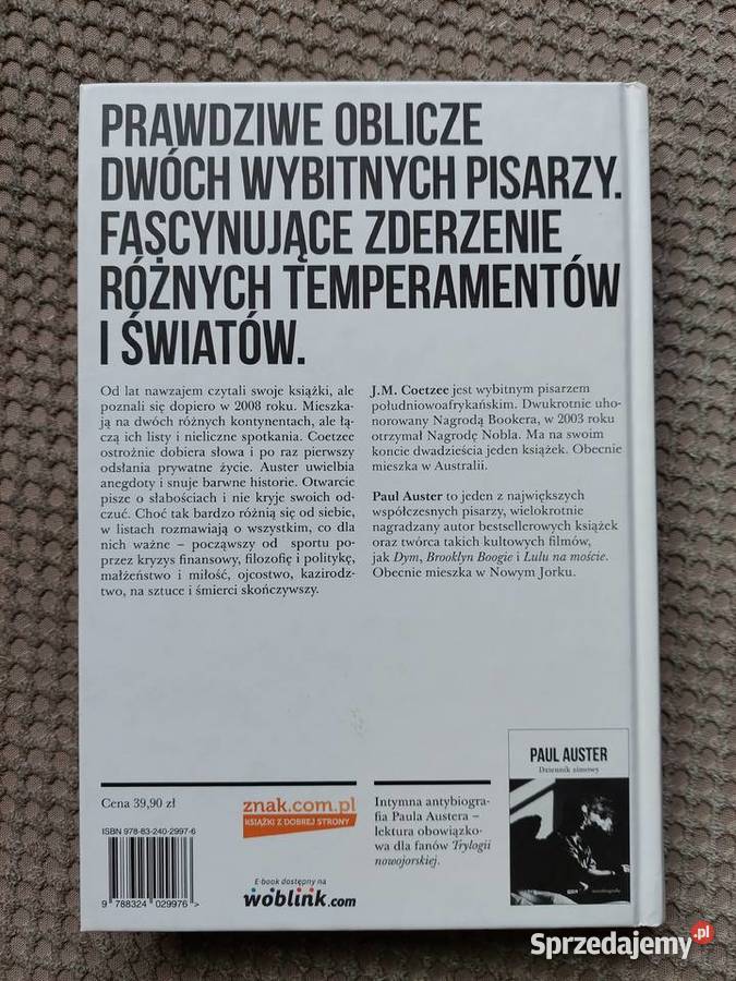 nowa Paul Auster JM Coetzee Tu i teraz Listy twarda Kraków sprzedam