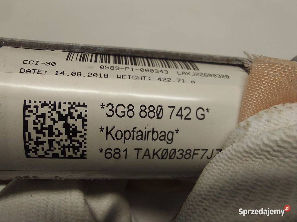 VW Arteon 3G8 2018r KURTYNA AIRBAG PRAWA Poduszki powietrzne dolnośląskie