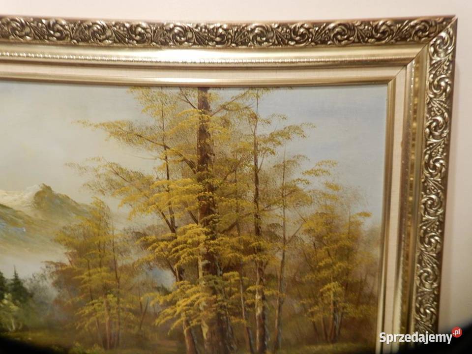 Duży Obraz Olejny GÓRY JEZIORO 116x60 Vintage w Malarstwo wielkopolskie Piła