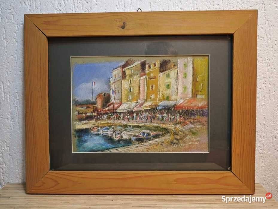 Sygnowany obraz pastel Cote dAzur port rama Góra