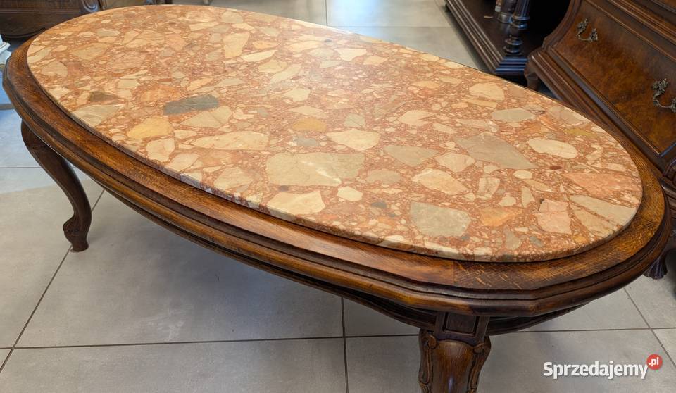 Piękny dębowy stolik ludwikowski z marmuremsklep śląskie Dąbrowa Górnicza