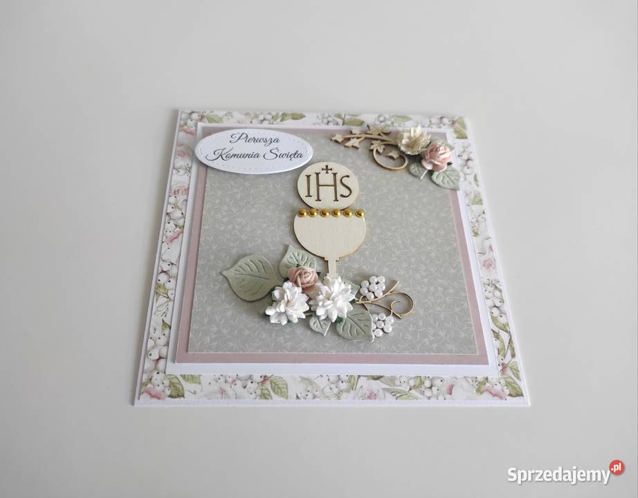 Kartka ręcznie robiona Komunia Święta pistacjowa łódzkie Łódź