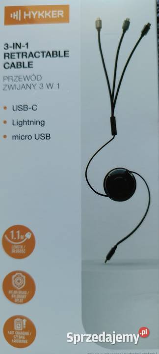 HYKKER przewód USB zwijany 3w1 NOWY Ełk