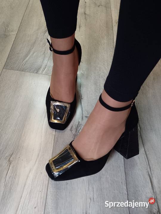 3940 Czarne bogato zdobione czółenka wieczorowe Czółenka