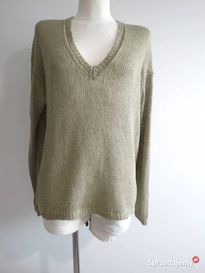 Sweter Lniany 100 Len Oliwkowy Bluzka Dzianinowa Łomża