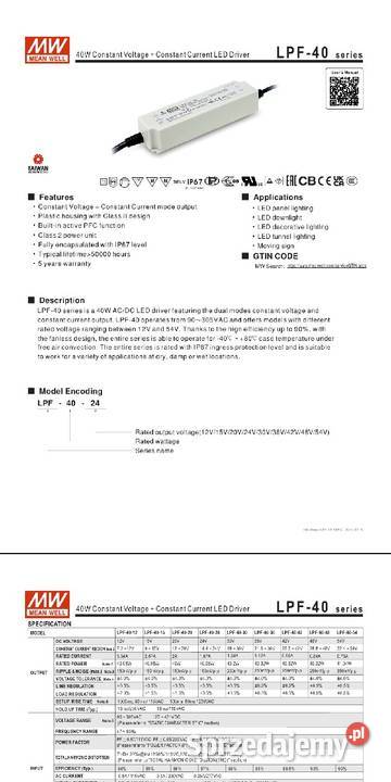 Zasilacz LED 40W 24V LPF4024 Mean Well Radzymin