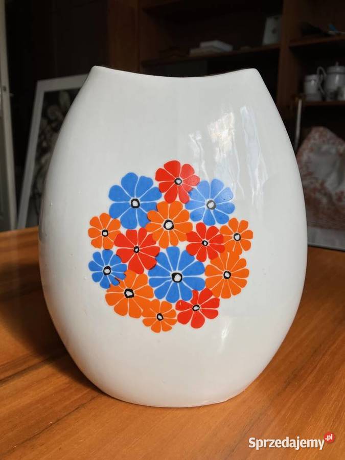 Piękny wazon dysk Chodzież porcelana kwiaty PRL Nisko