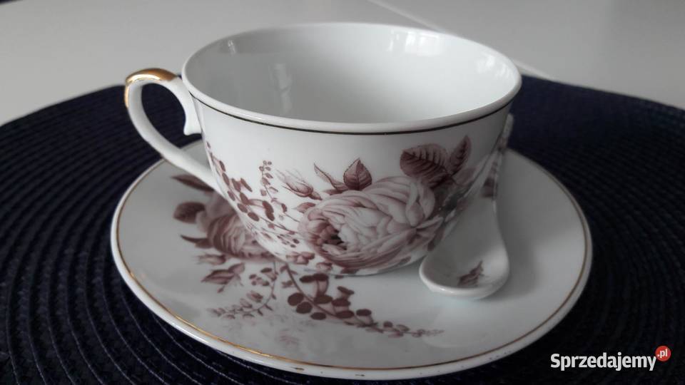 Porcelanowe filiżanki z łyżeczkami 2 odcienie brązowego Lubin