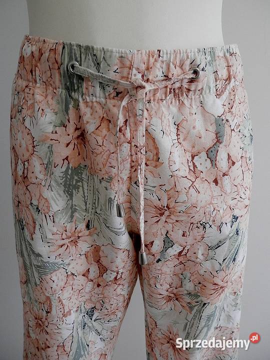 Spodnie Lniane Len Bawełna Białe Kwiaty Łomża sprzedam