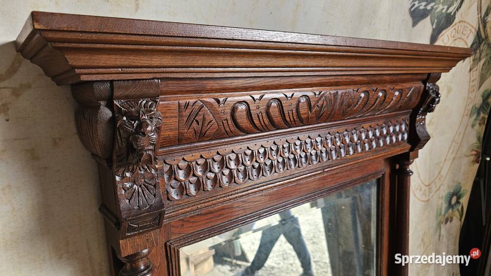 Duże lustro dębowe neorenesansowe rzeźbione Wałbrzych