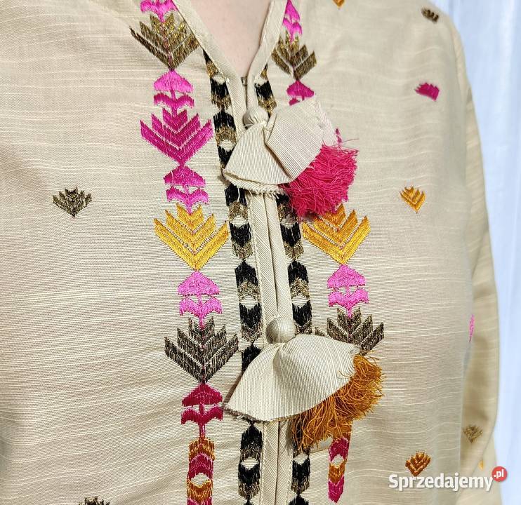Tunika boho S 36 bawełna beżowa kolorowa wzór Szczecin