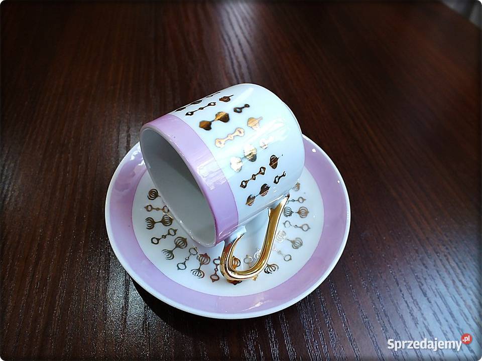 Mała Filiżanka spodek Porcelana różowa ze złotem Żary