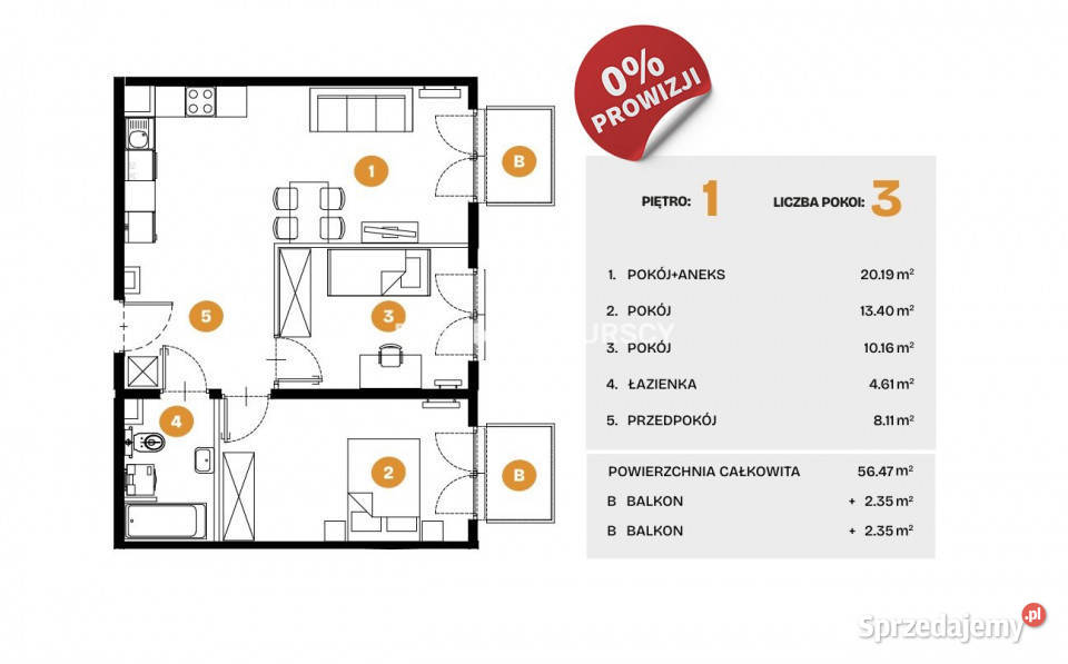 sprzedaży mieszkania 5647m2 3 pokoje Kraków Na