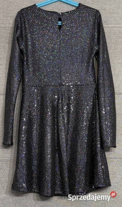 Dziewczęca czarna sukienka w cekiny z długim Żyrardów