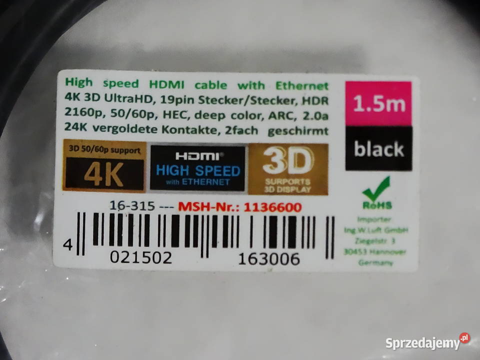 Kabel HDMI High Speed with Ethernet 4K 3D lubelskie Biłgoraj