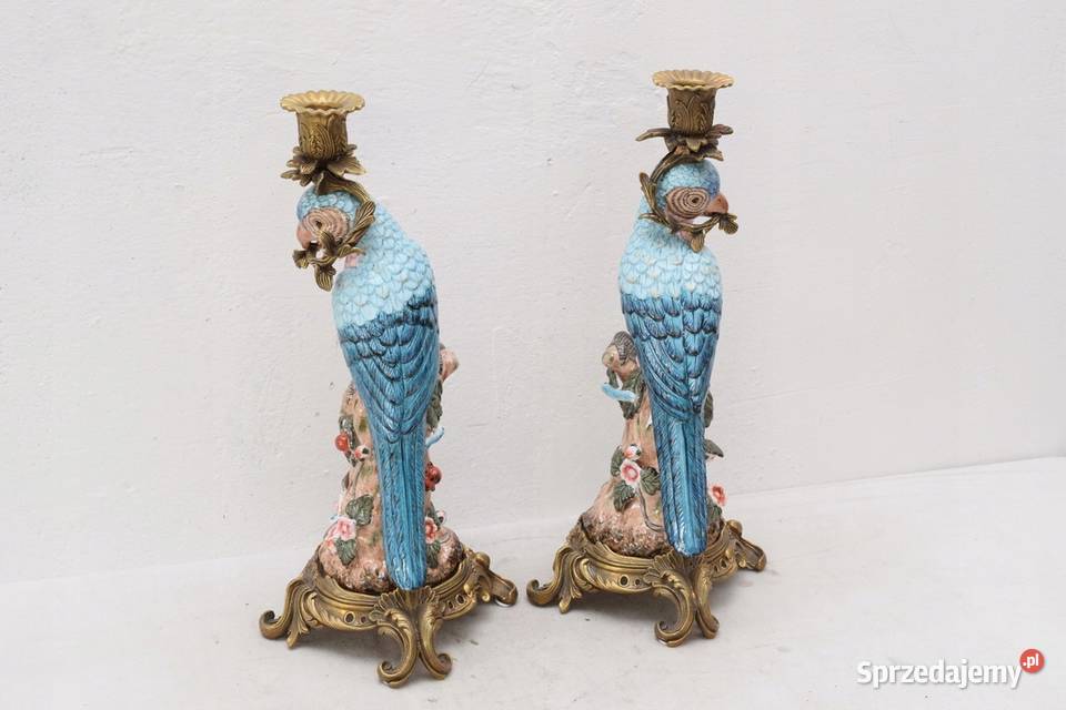 2 ŚWIECZNIKI PORCELANA BRĄZ PAPUGI OKUTE BRĄZEM Kraków