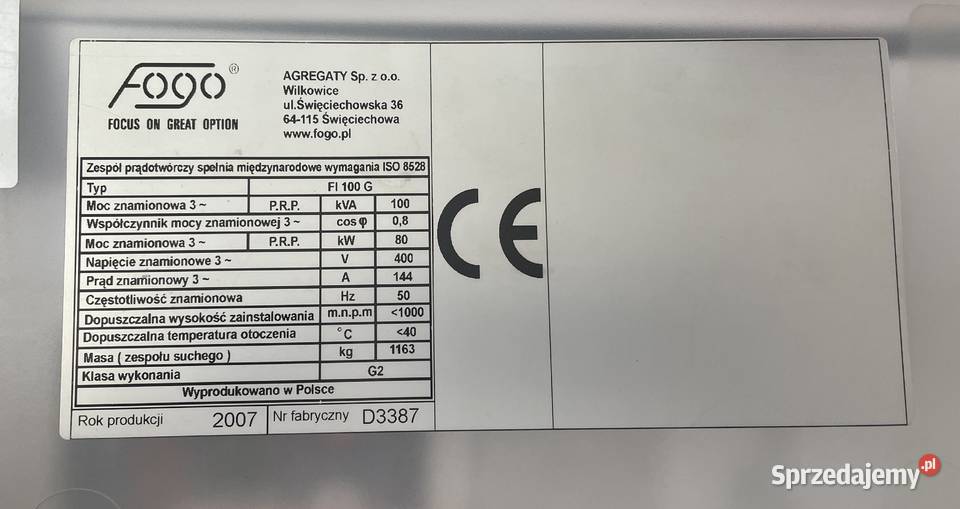 Agregat prądotwórczy Fogo FI 100 G o mocy 100 Warszawa