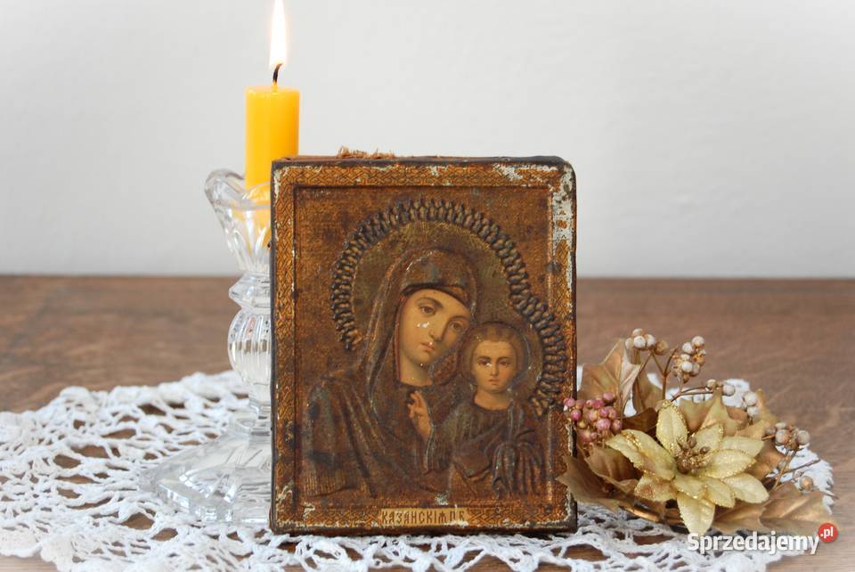 Matka Boża Kazańska stara ikona rosyjska antyk brązowy Lublin